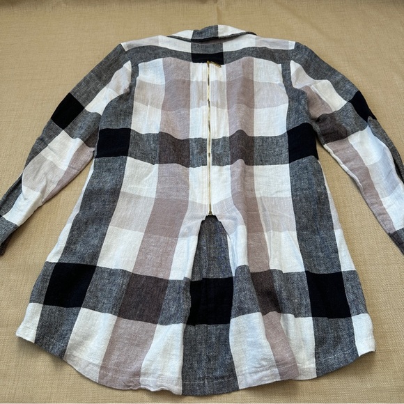 Soft Surroundings Linen Blend Block Plaid Button Down Zipper Back Blouse - Picture 2 of 13